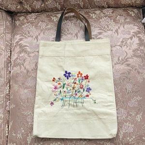 NEW hand sewn flowers canvas bag leather straps